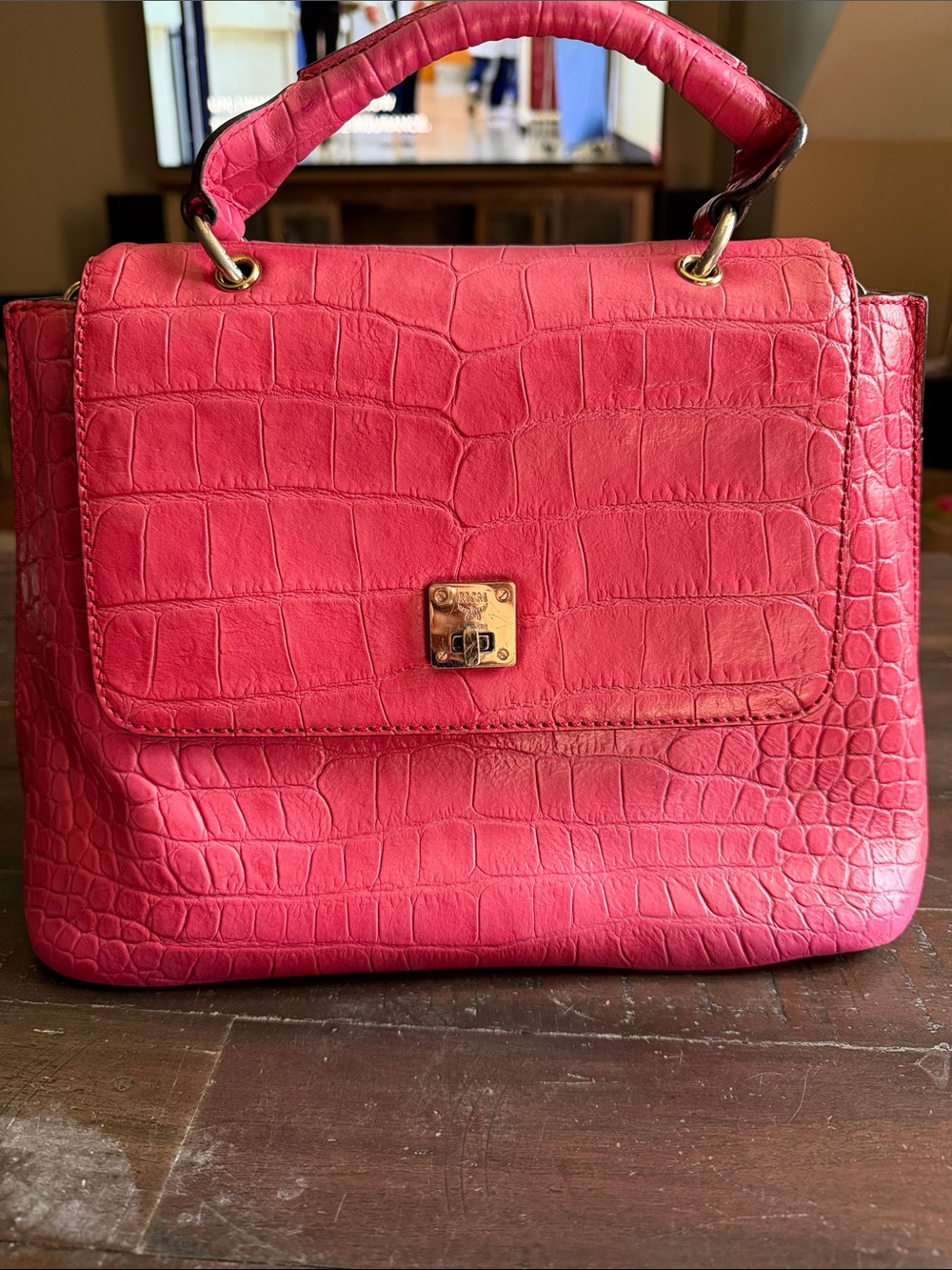 MCM Pink Croc-Embossed Top Handle Satchel with Gold Hardware